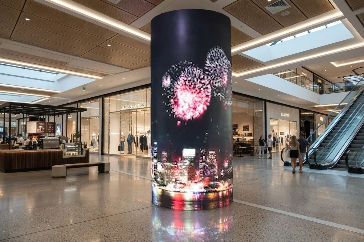 Cylindrical LED screen showing fireworks